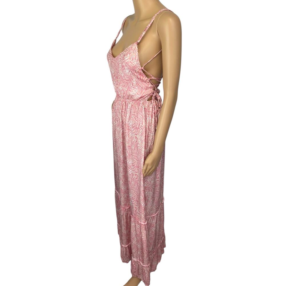 Maaji Nicole Palm Print Lace-Up Maxi Dress Pink Tassel Tiered Size S - Picture 5 of 12